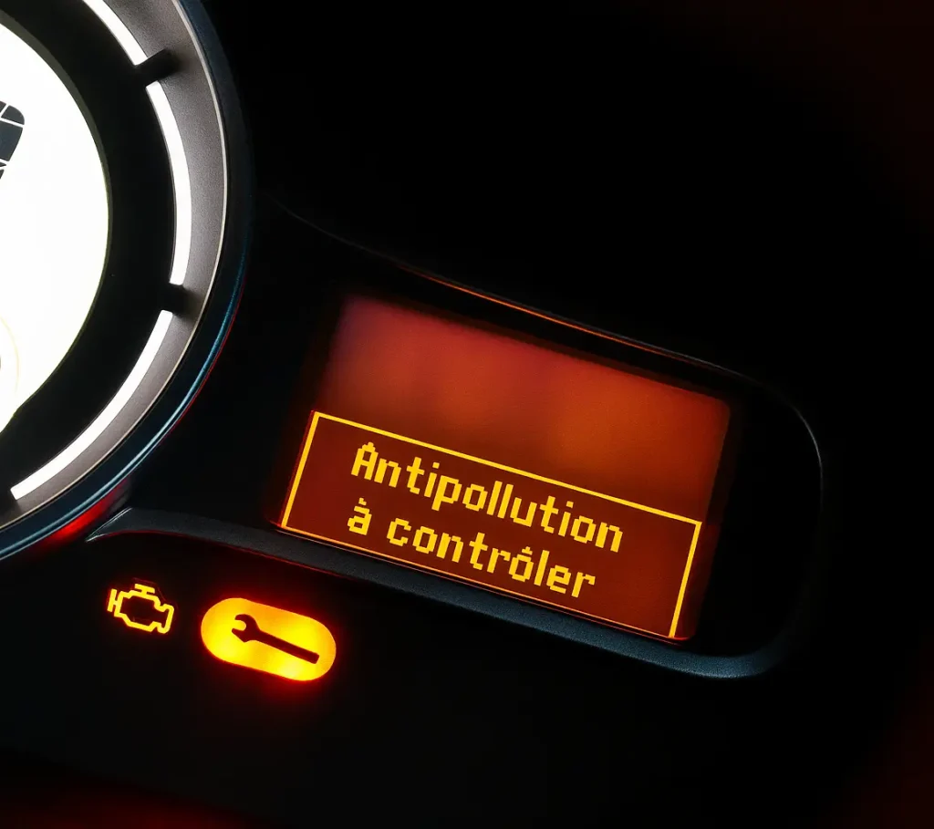 Message antipollution à contrôler affiché sur le tableau de bord d’une Renault Scénic 3