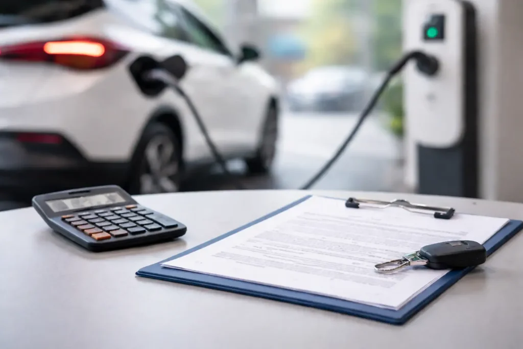 Contrat et calculatrice sur une table en concession, voiture électrique en charge et borne floue en arrière-plan