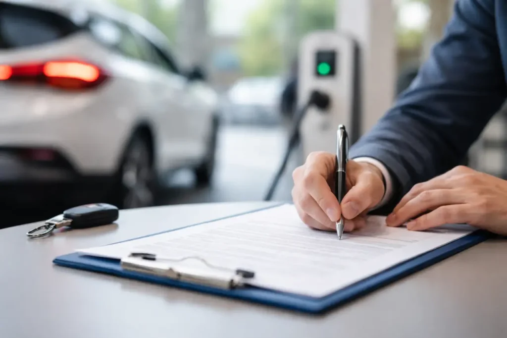 Signature d’un bon de commande pour une voiture électrique avec borne de recharge en arrière-plan