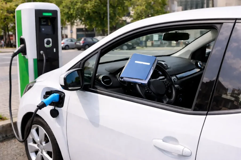 Voiture électrique en charge, dossier de contrat posé sur le tableau de bord
