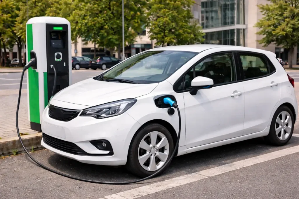 Citadine électrique blanche branchée à une borne de recharge en ville