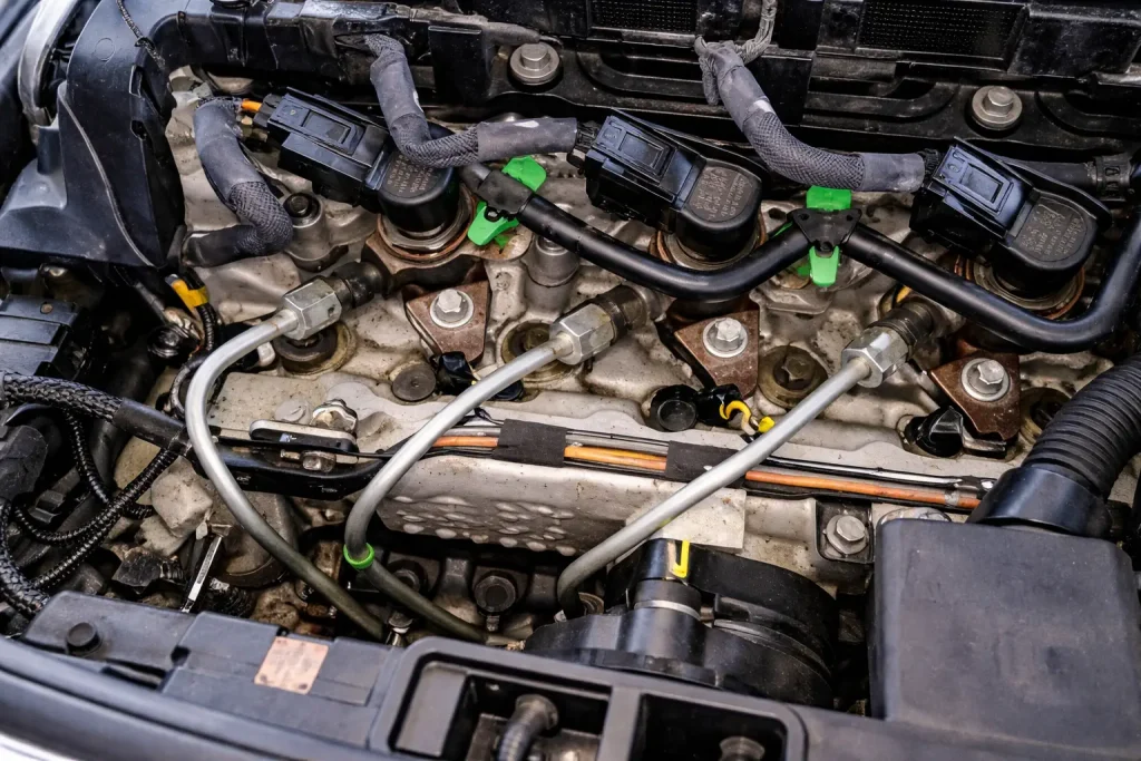 Vue du compartiment moteur d’une Peugeot diesel autour de la zone de préchauffage liée au code défaut P1352