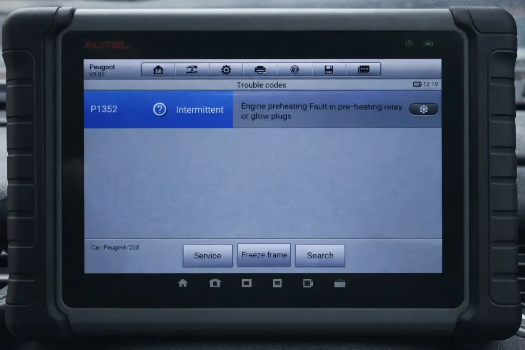 Écran de valise diagnostic affichant le code défaut P1352 sur une Peugeot