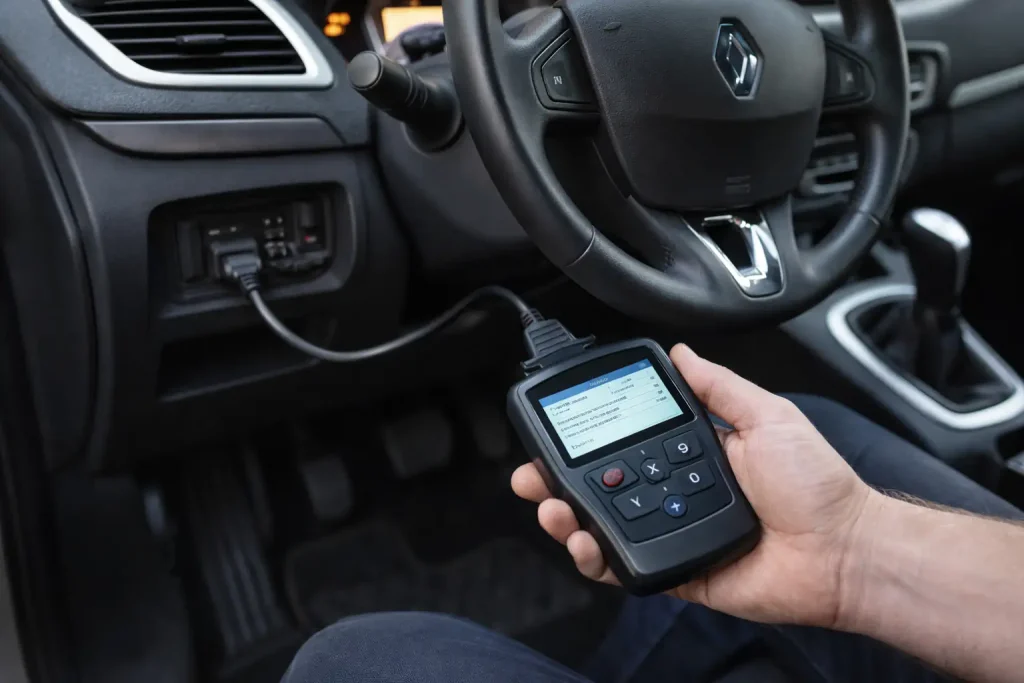 Lecteur OBD2 branché dans une Renault Scénic 3 pour diagnostiquer un message antipollution à contrôler