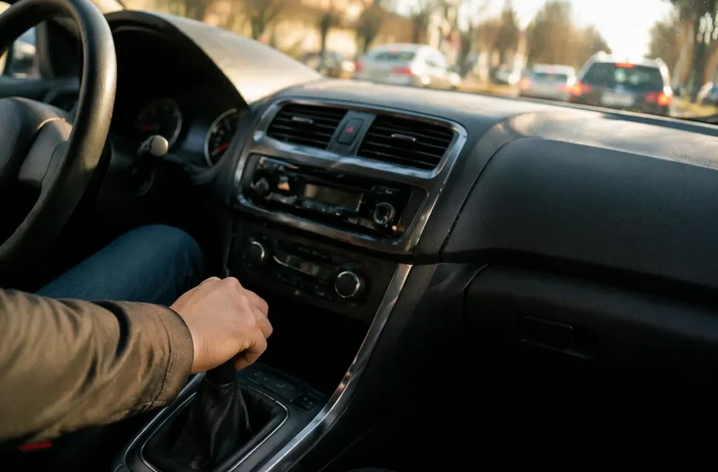 Main sur le levier de vitesse d’une voiture en circulation lente