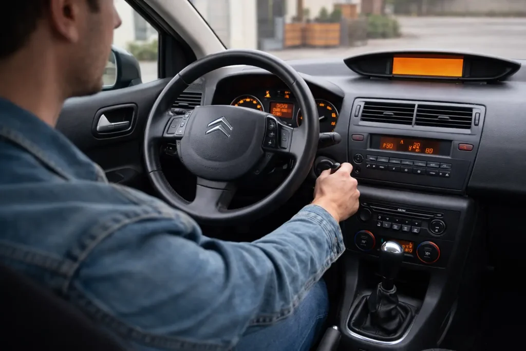 Conducteur dans une Citroën C4 de première génération avec tableau de bord allumé lors d’une panne de démarrage