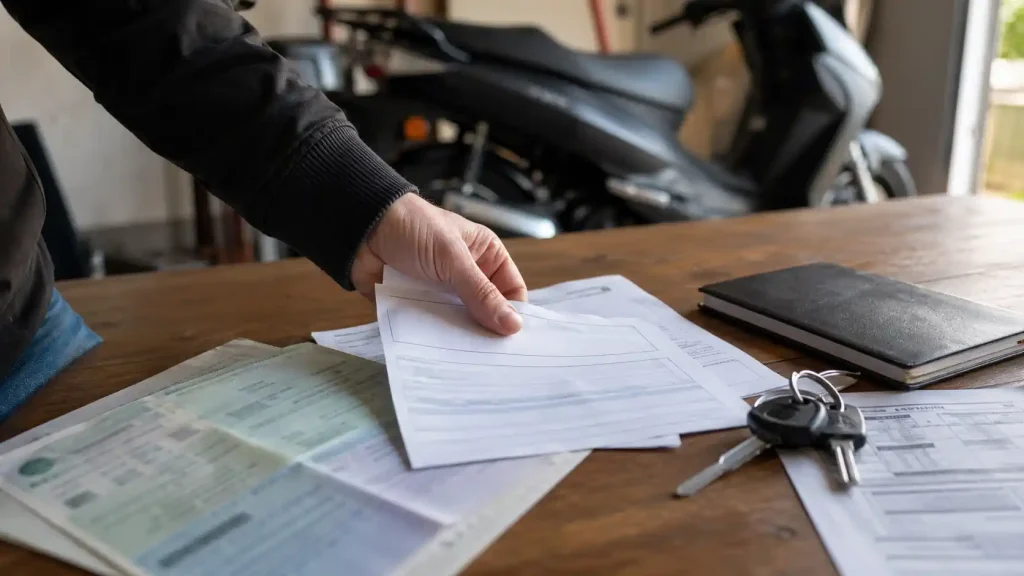 Documents et clés préparés sur une table avant la vente d’une moto ou d’un scooter