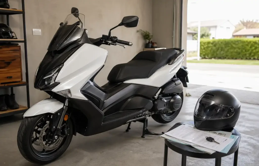 Moto propre préparée avec clés et documents avant une vente rapide