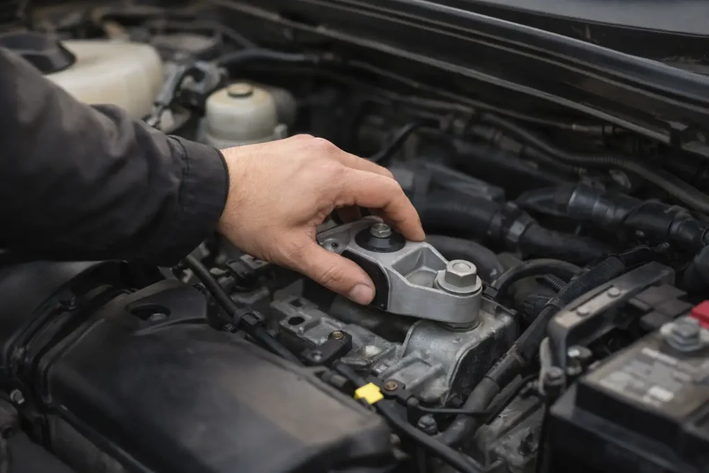 Main inspectant un support moteur sous le capot d’une voiture