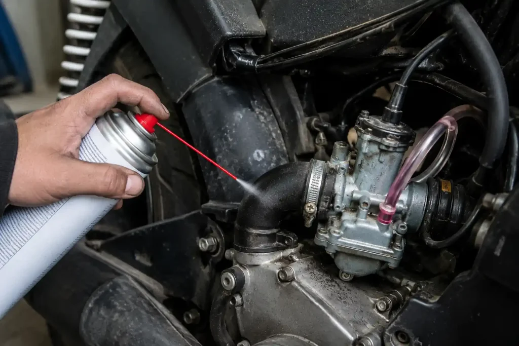 Pulvérisation de nettoyant frein autour du carburateur pour tester une prise d’air sur moteur 2 temps.