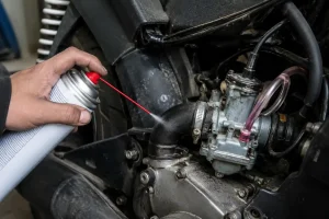 Pulvérisation de nettoyant frein autour du carburateur pour tester une prise d’air sur moteur 2 temps.