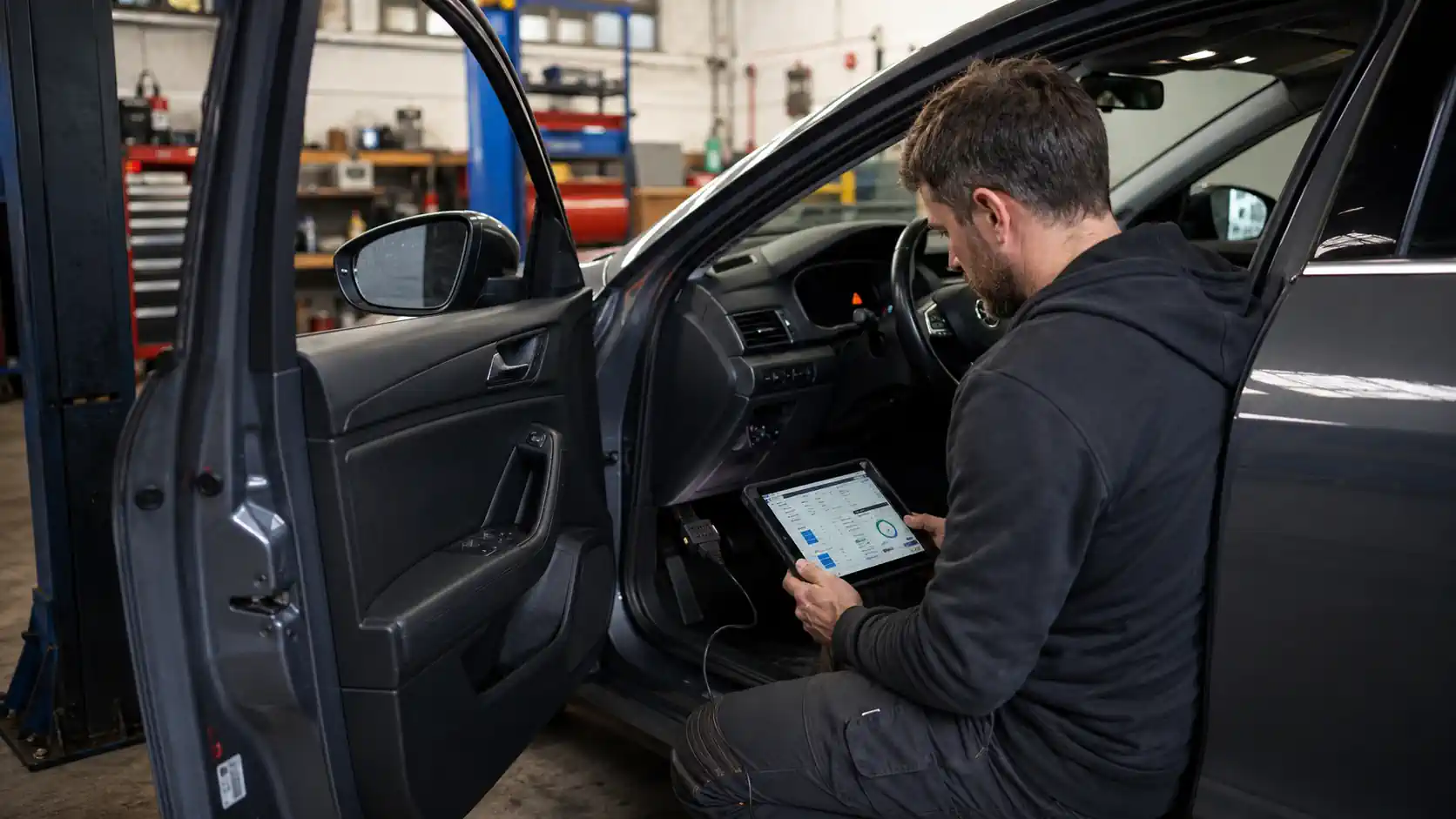 Mécanicien utilisant une valise de diagnostic pour identifier un défaut ESP ASR