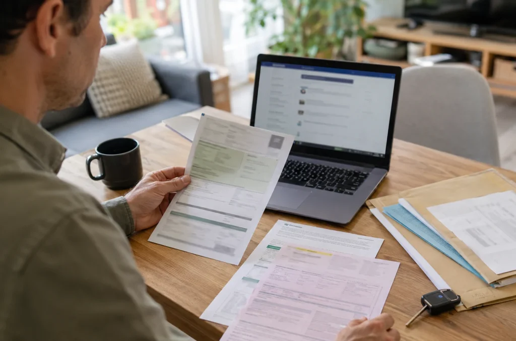 Automobiliste préparant les documents nécessaires à une démarche de carte grise en ligne