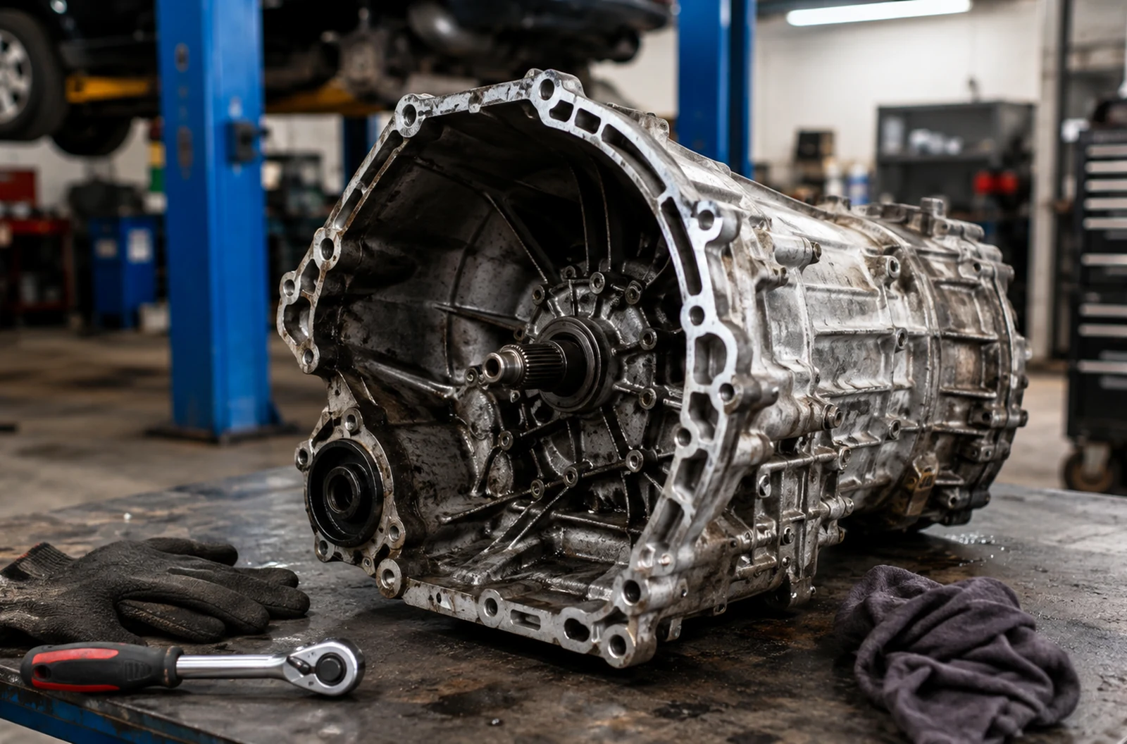 Boîte de vitesses déposée pour contrôle dans un atelier automobile