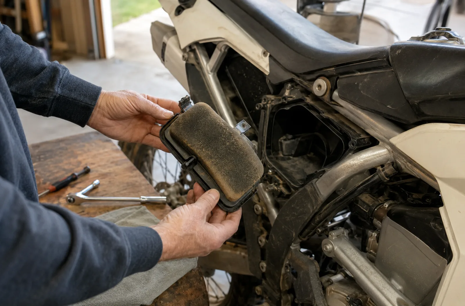 Contrôle du filtre à air d’une moto trail après une sortie poussiéreuse