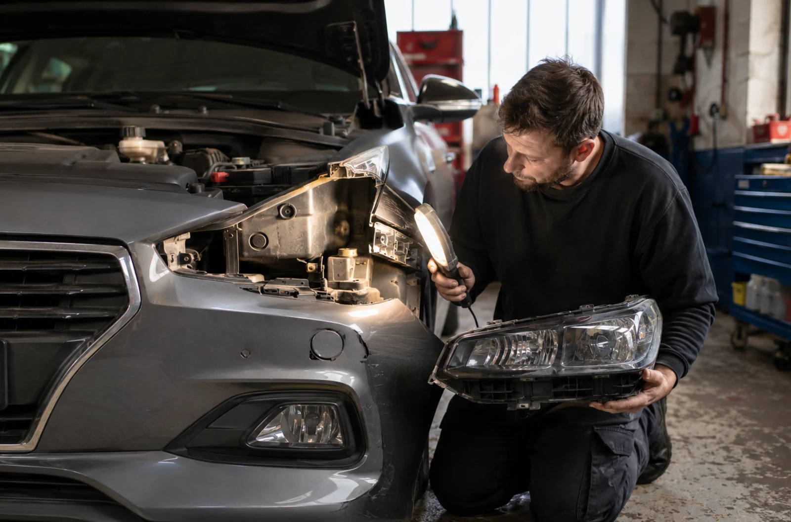 Carrossier contrôlant un pare-chocs et une optique sur une voiture récente