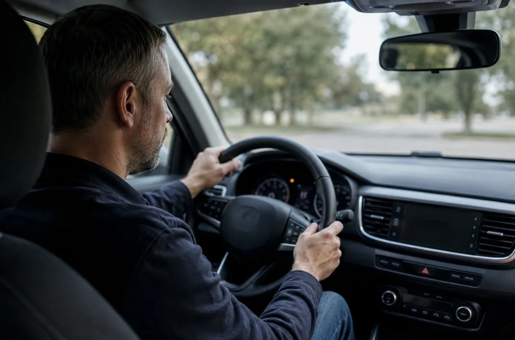 Conducteur regardant son tableau de bord après une alerte de détection du risque de collision