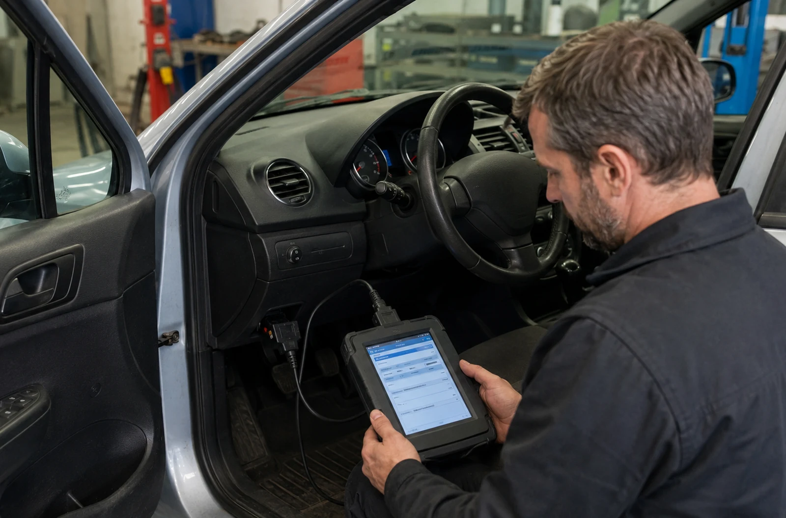 Mécanicien réalisant un diagnostic électronique sur une citadine en panne de direction assistée