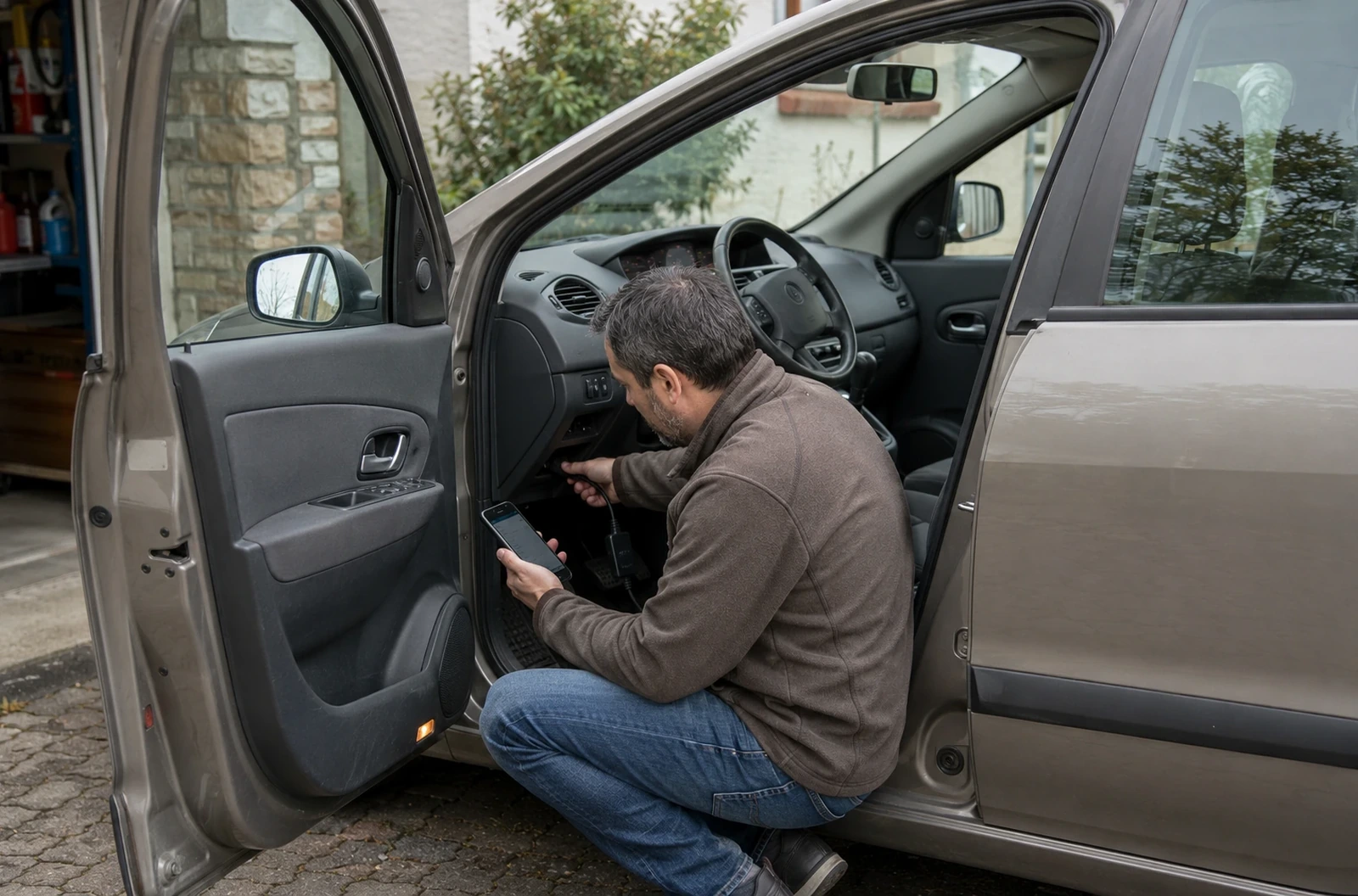 Conducteur réalisant un diagnostic OBD sur un Scenic 2 après un message antipollution