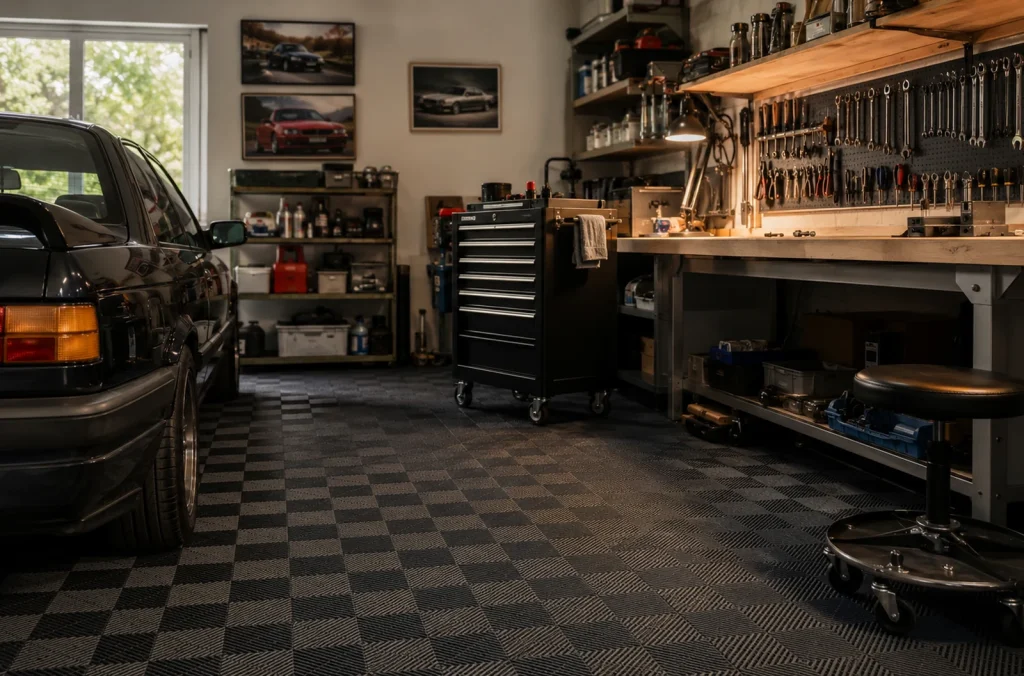 Garage de particulier aménagé en atelier automobile fonctionnel