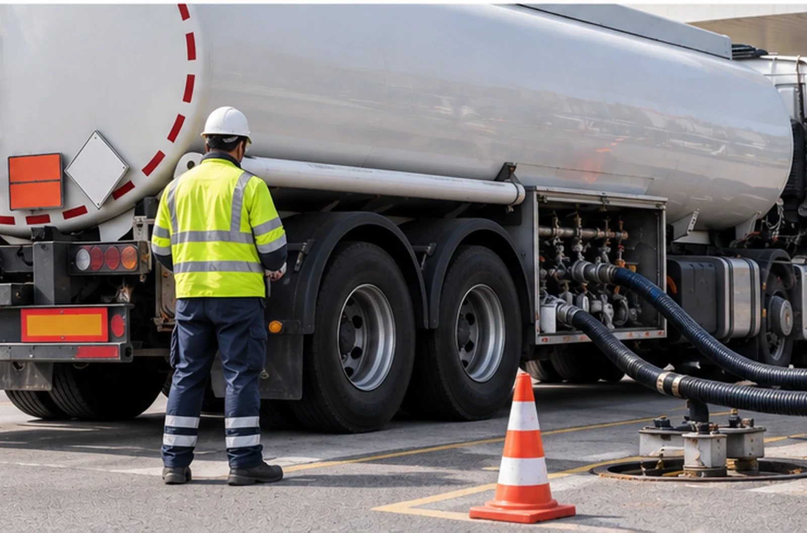 Camion-citerne livrant du carburant dans une station-service