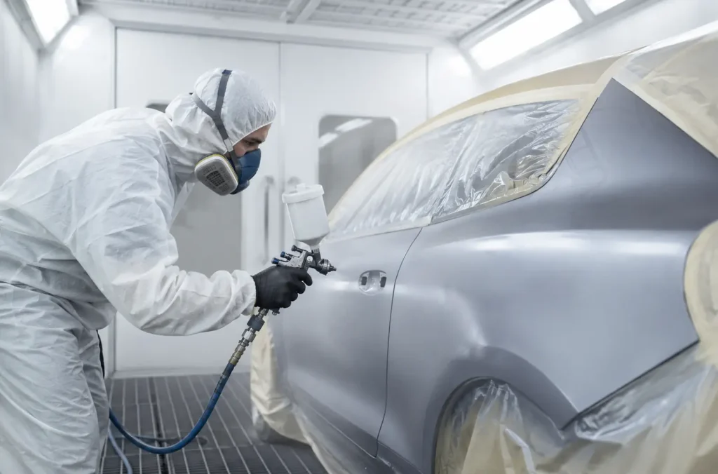 Professionnel appliquant une peinture automobile au pistolet dans une cabine de carrosserie