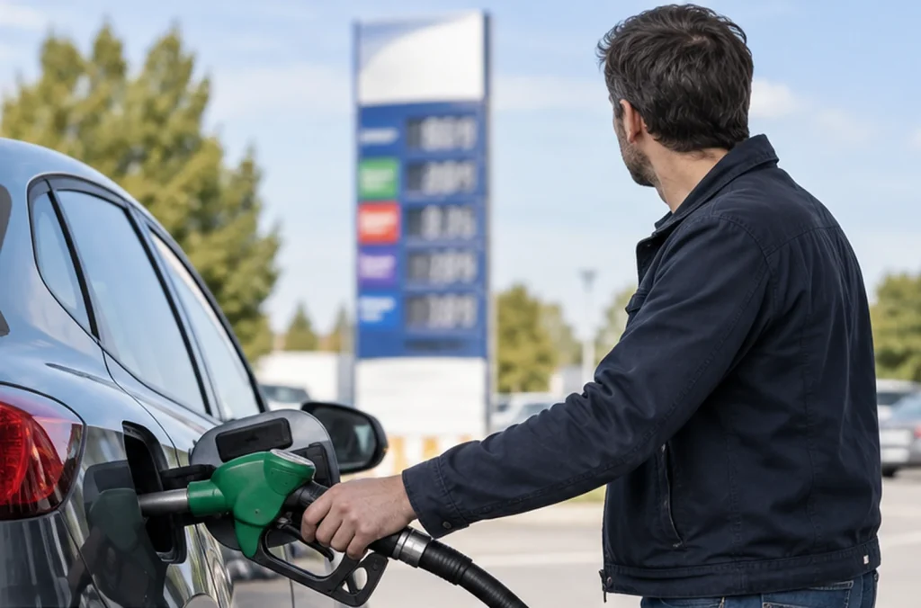 Automobiliste faisant le plein dans une station-service en 2026