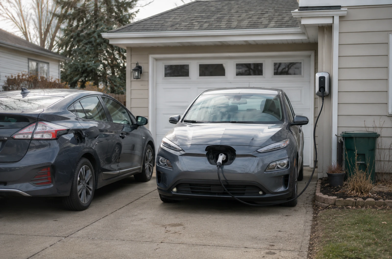 Deux véhicules rechargeables stationnés devant un garage avec une voiture électrique branchée par l’avant