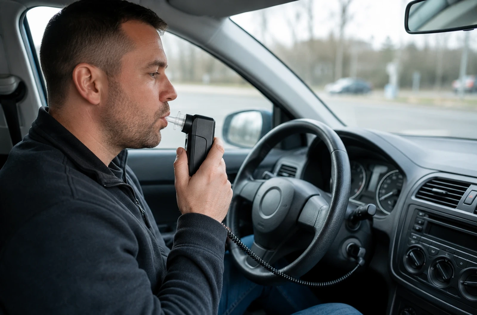 Conducteur utilisant un éthylotest antidémarrage avant de démarrer sa voiture
