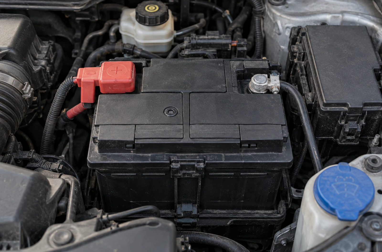 Batterie 12 V et cosses visibles sous le capot lors d’un contrôle de démarrage