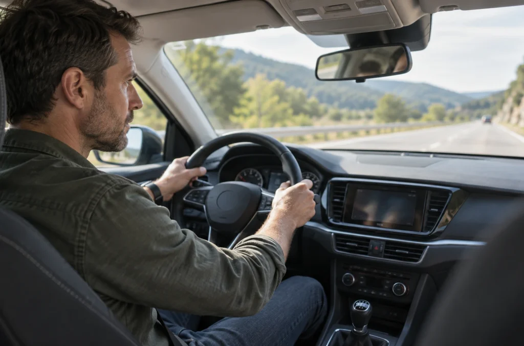 Conducteur au volant d’une voiture qui produit un bruit de tracteur à l’accélération