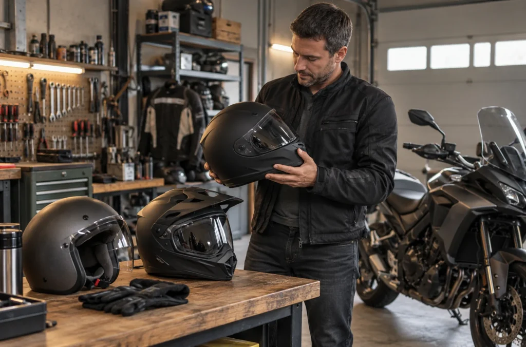 Motard comparant plusieurs types de casques moto selon sa pratique