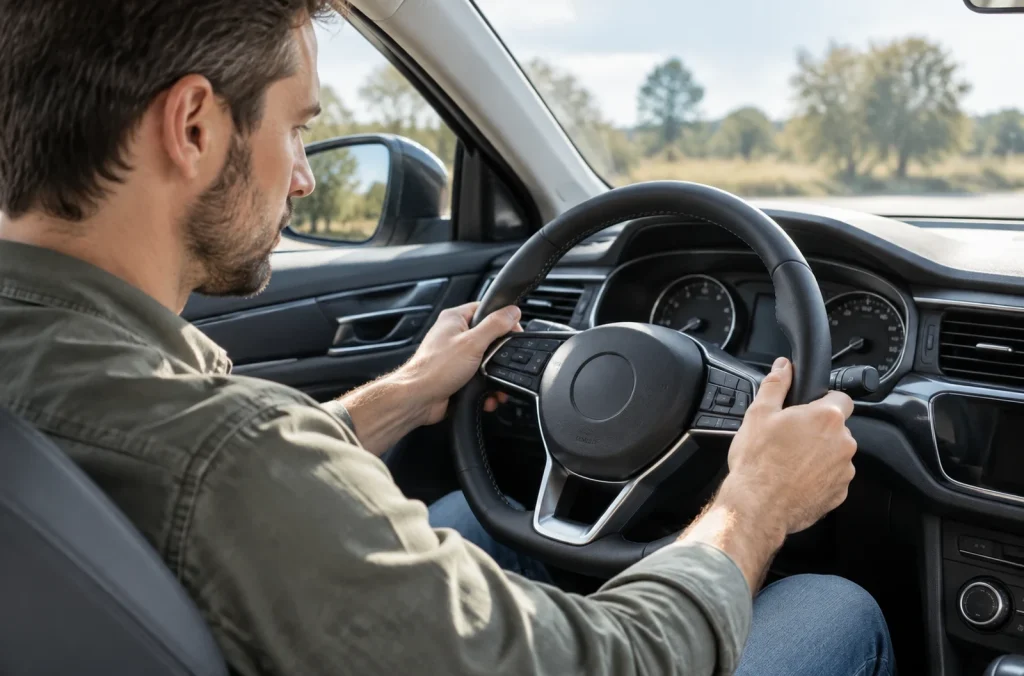 Conducteur examinant le volant d’une voiture dans un habitacle moderne