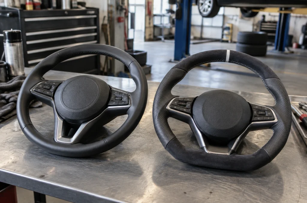 Deux volants automobiles génériques comparés dans un atelier