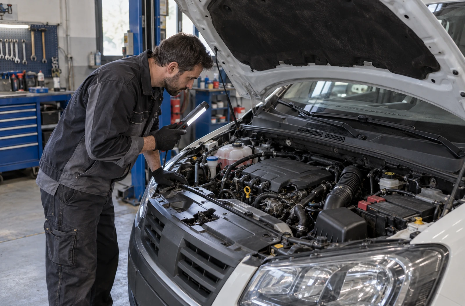 Inspection du compartiment moteur diesel d’un utilitaire avant achat