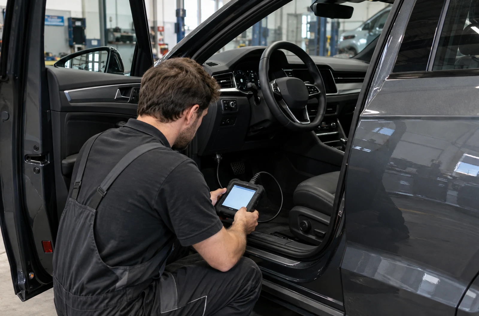 Technicien branchant une valise OBD pour diagnostiquer un dysfonctionnement de propulsion Audi