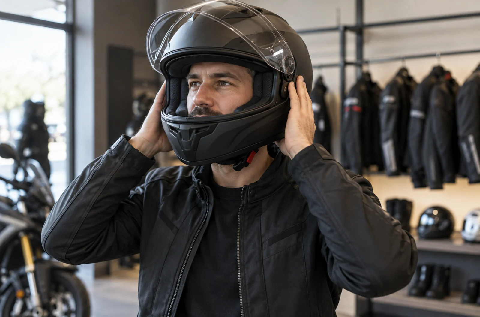 Motard vérifiant le maintien d’un casque intégral lors de l’essayage