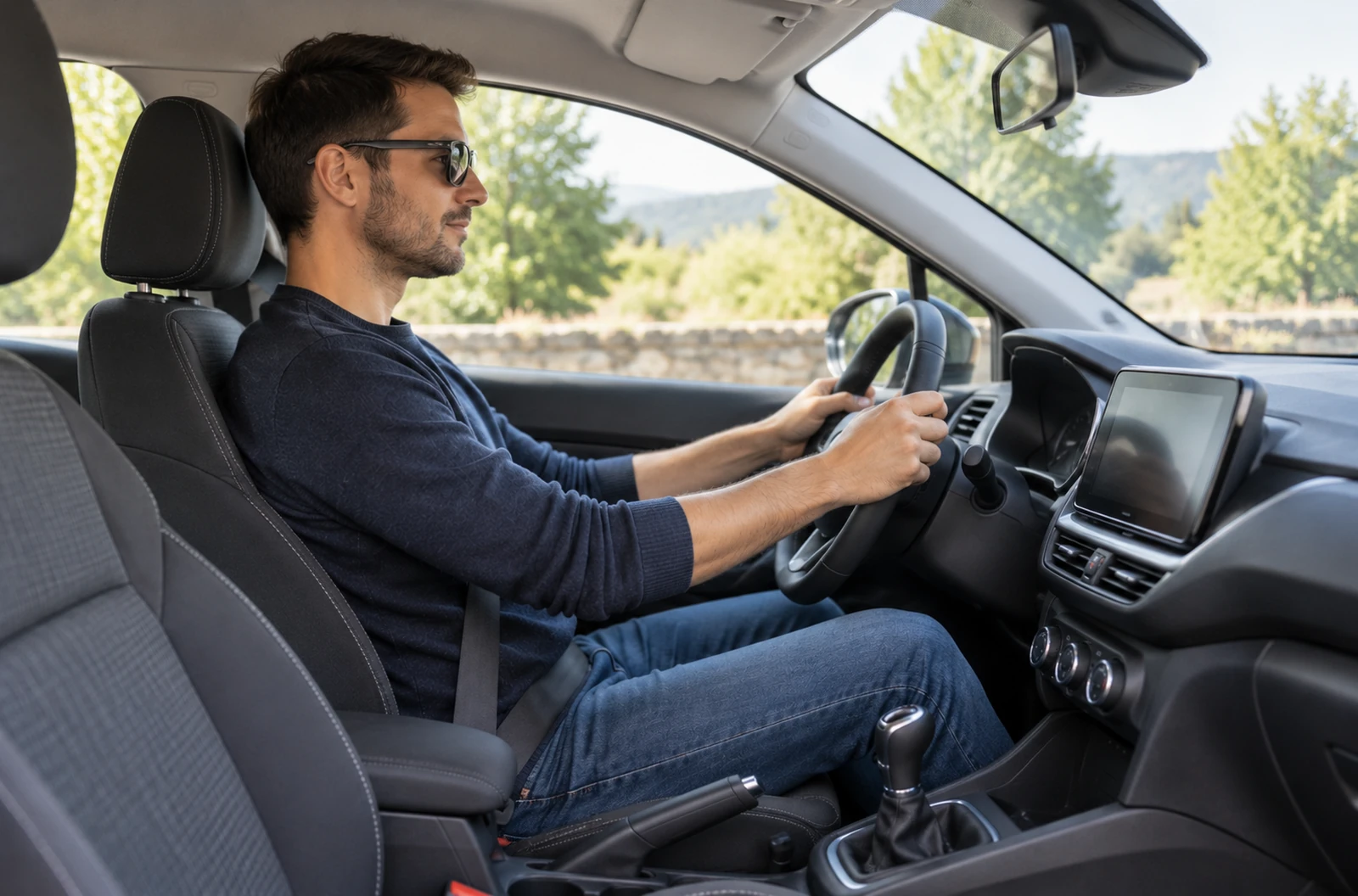 Conducteur correctement installé au volant d’une petite voiture citadine