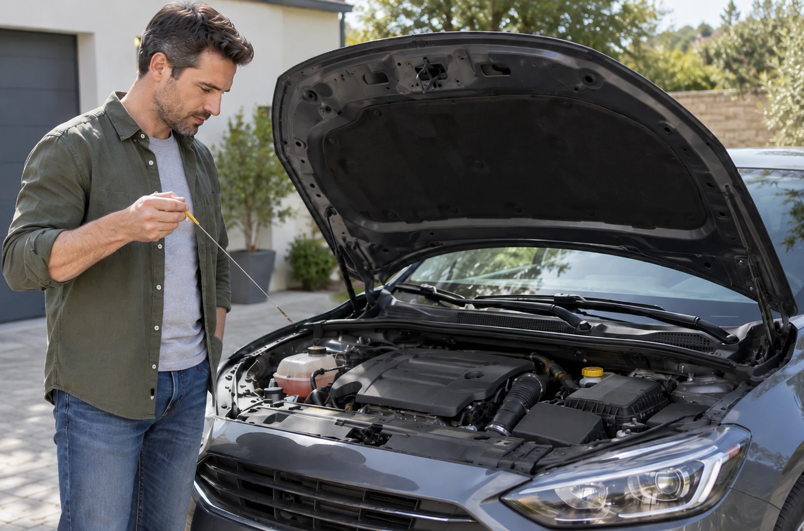 Automobiliste vérifiant le niveau d’huile moteur après un bruit anormal à l’accélération
