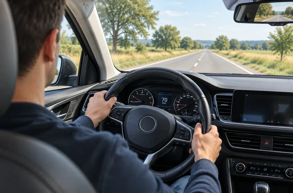 Conducteur roulant en ligne droite avec le volant légèrement décalé