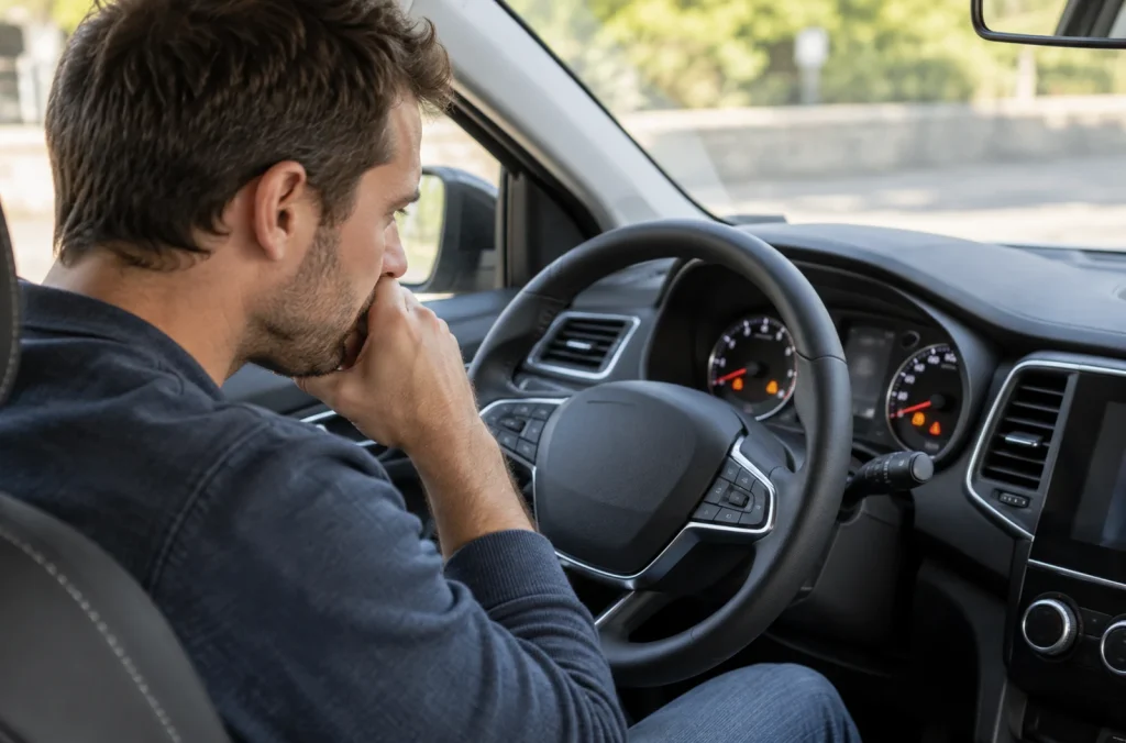 Conducteur face à une alerte moteur sur le tableau de bord de sa voiture