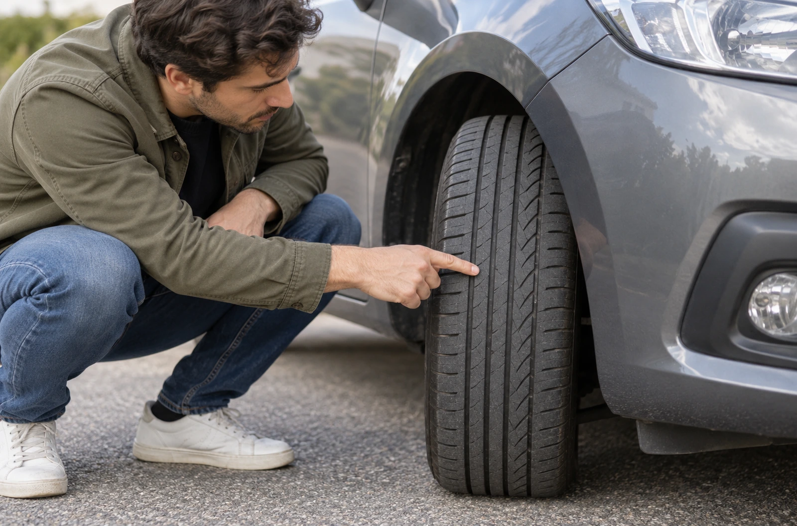 Automobiliste examinant les rainures d’un pneu avant sur une voiture stationnée