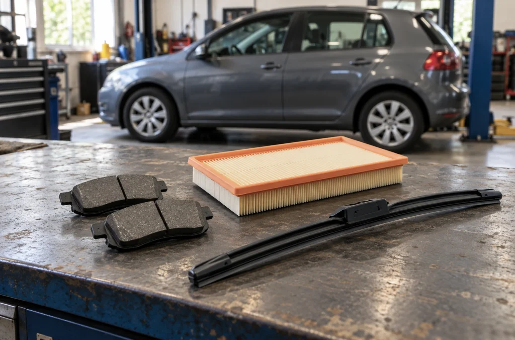 Plaquettes de frein, filtre à air et balai d’essuie-glace sur un établi automobile