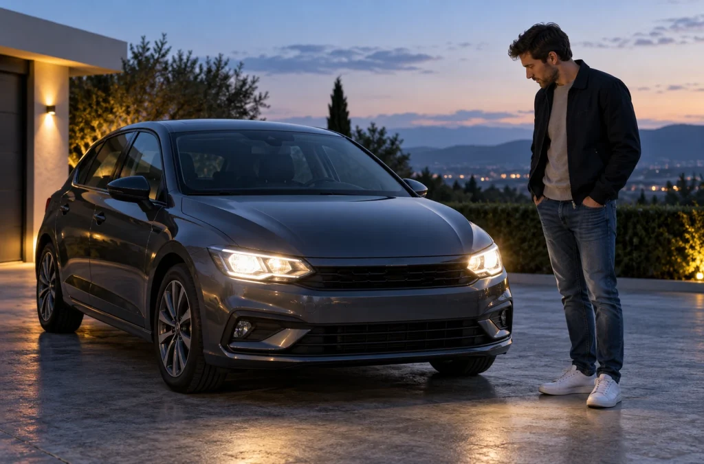 Automobiliste observant les phares d’une voiture stationnée à la tombée du jour