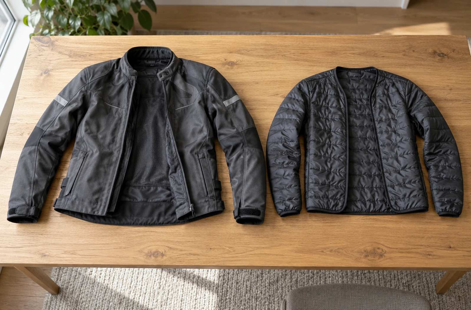 Veste moto textile ouverte et doublure thermique matelassée disposées côte à côte