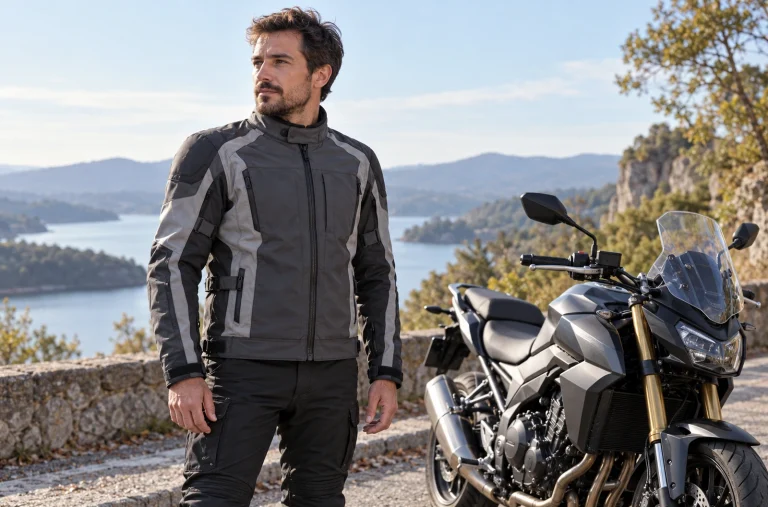 Motard portant une veste textile fermée à côté d’une moto stationnée